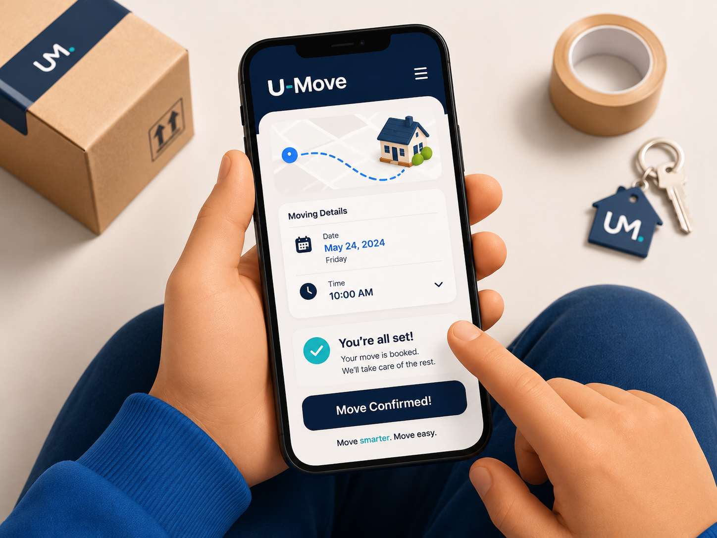 A person holding a phone showing the U-Move app with a confirmed move and 'You're all set!' status