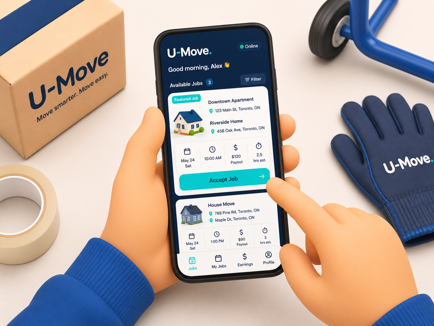 A U-Mover holding a phone showing available moving jobs in the U-Move app