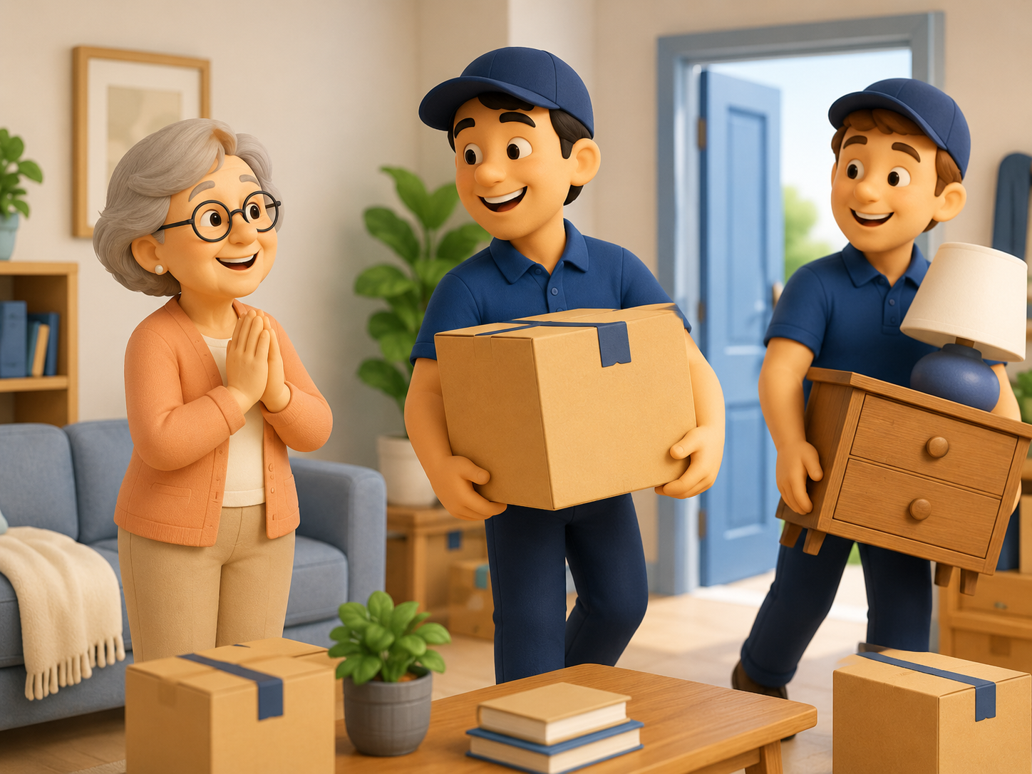 Two student U-Movers in blue uniforms helping a woman move boxes and furniture in her home