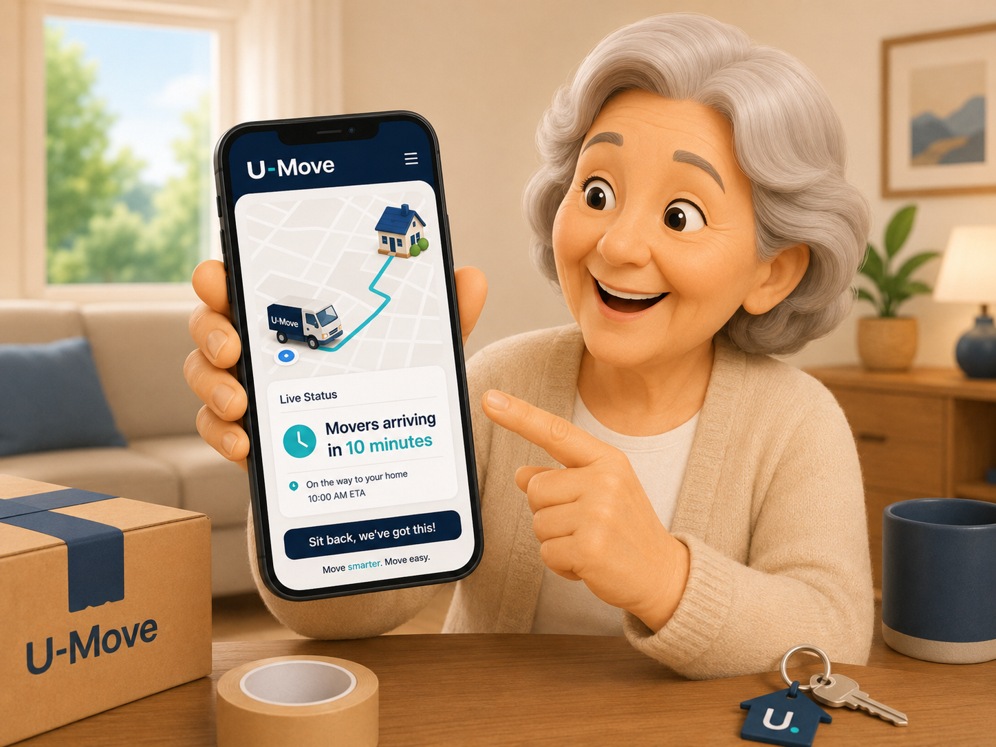 A woman smiling at her phone showing a live U-Move status screen with her movers on the way and an arrival time